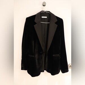 Mango Dark Blue Velvet Blazer with Black Collar Slim Fit